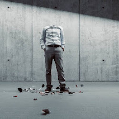 Broken businessman against concrete wall, 3D generated image.